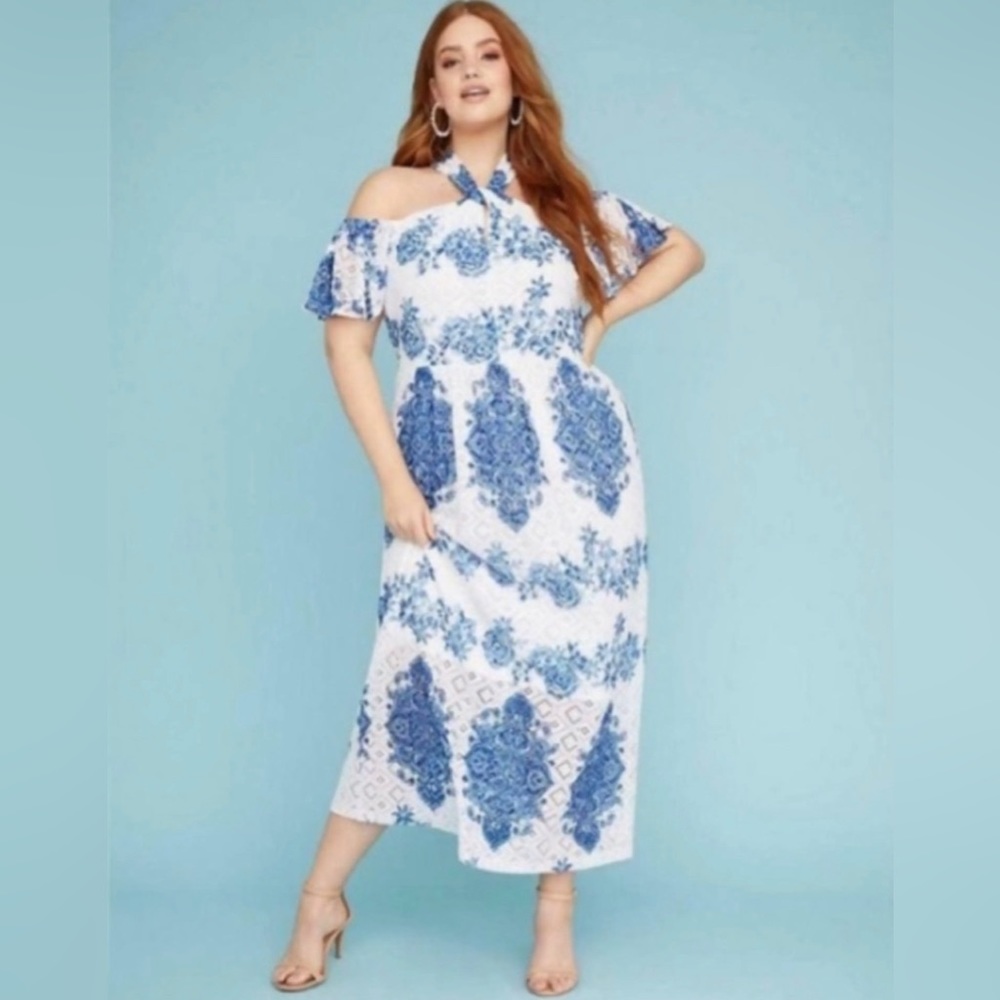 Lane Bryant Floral Crochet Halter A-Line Maxi Dress Size 22/24